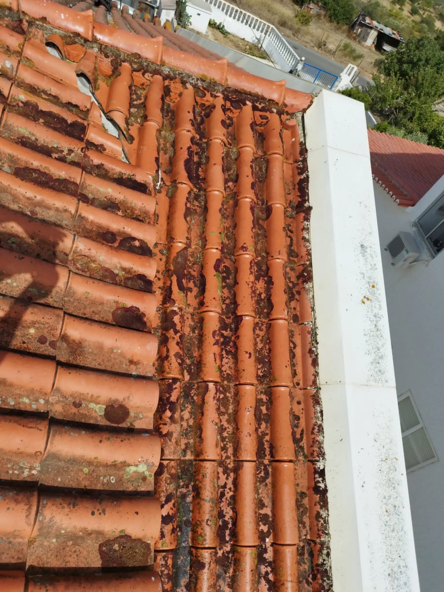 Profissional a efetuar limpeza de algerozes em altura