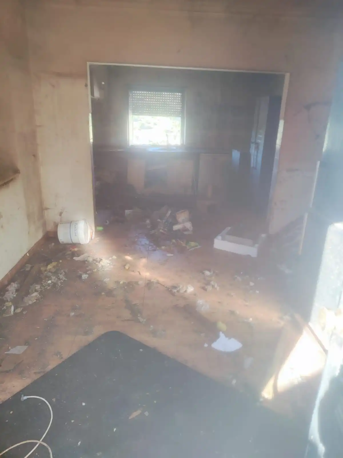 Espaço aberto de cozinha e sala em condição de acumulação severa: móveis da sala cobertos por roupas, papéis e objetos empilhados, tapete invisível sob camadas de sujidade, cozinha ao fundo com superfícies manchadas de gordura, chão com detritos espalhados por toda a área e janelas embaciadas pela sujidade acumulada.